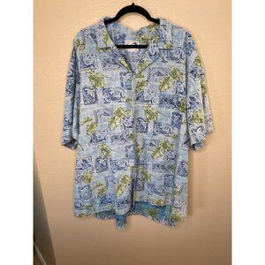 Vintage Paradise Style Hawaii Blue Green Tropical Button-Down Shirt 3XL